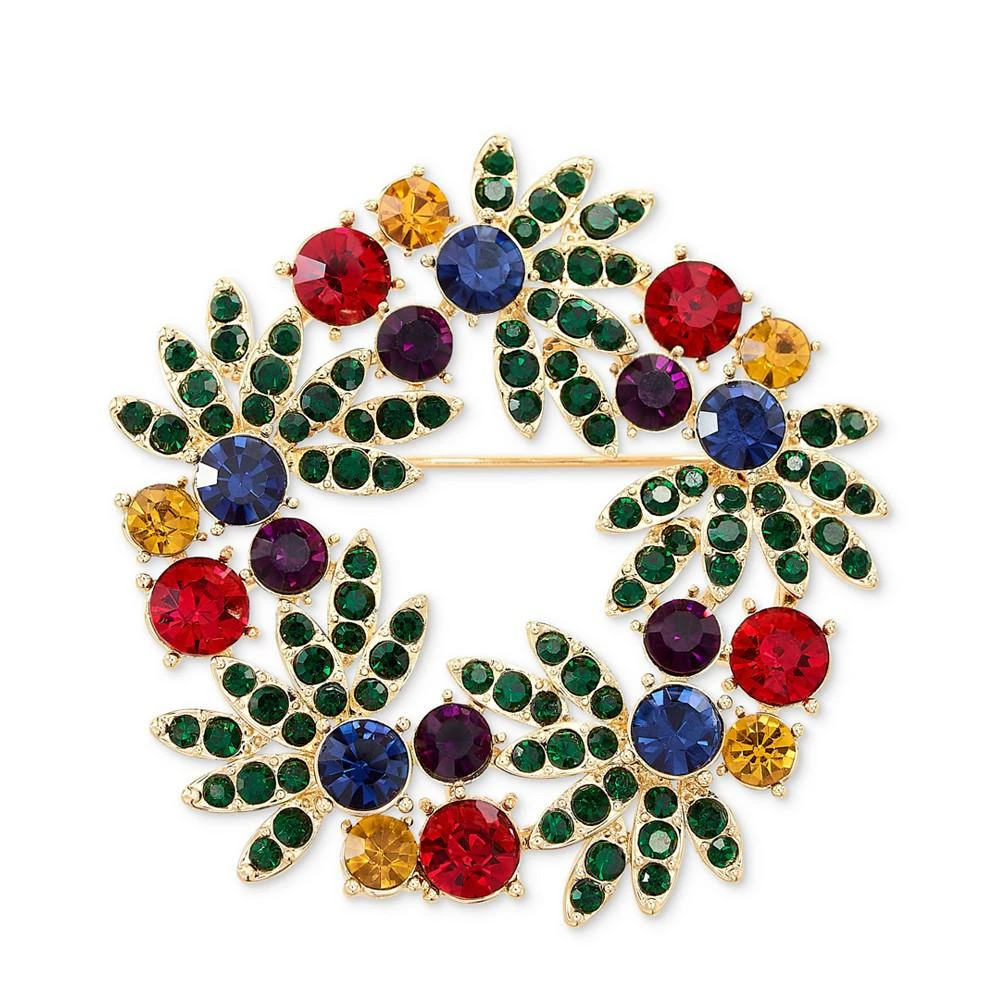 商品Holiday Lane|Gold-Tone Multicolor Crystal Wreath Pin, Created for Macy's,价格¥55,第1张图片