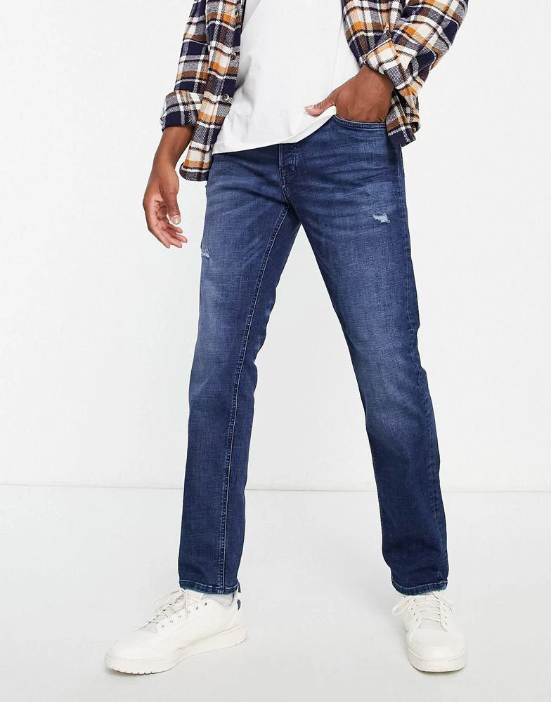 商品Jack & Jones|Jack & Jones Intelligence Mike straight fit jeans in super stretch midwash blue,价格¥298,第3张图片详细描述