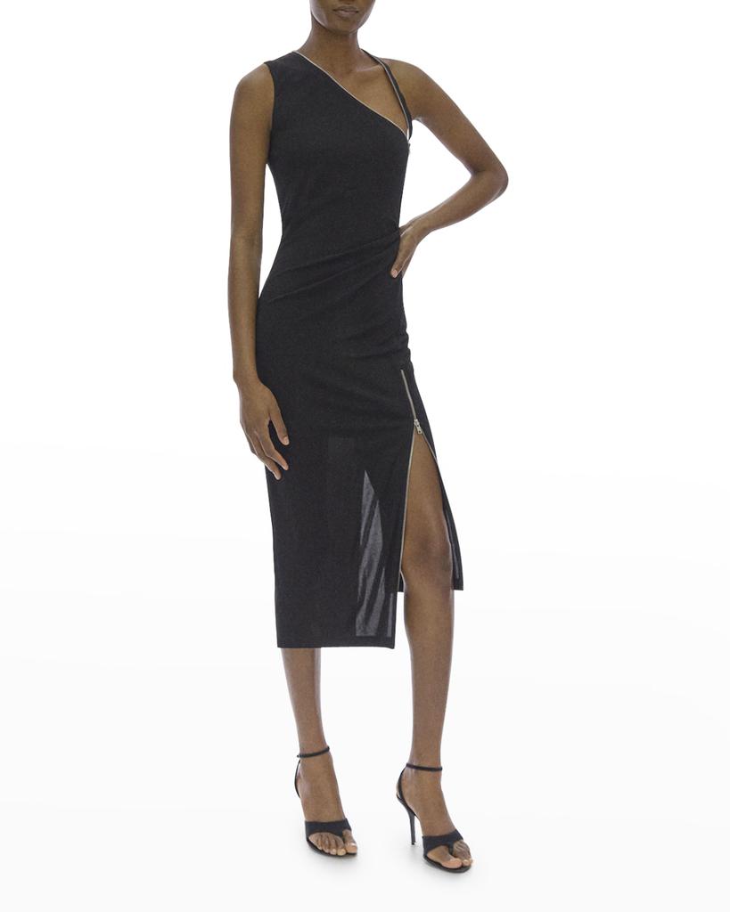 One-Shoulder Asymmetric Zipper Bodycon Midi Dress商品第3张图片规格展示