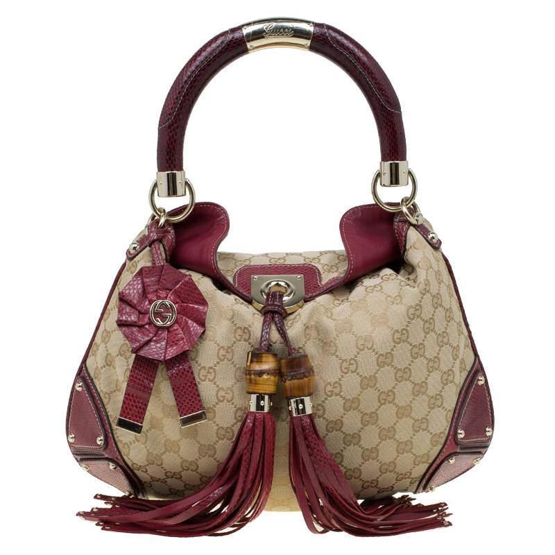 商品[二手商品] Gucci|Gucci Beige/Red GG Canvas and Python Medium Indy Top Handle Bag,价格¥6828,第1张图片