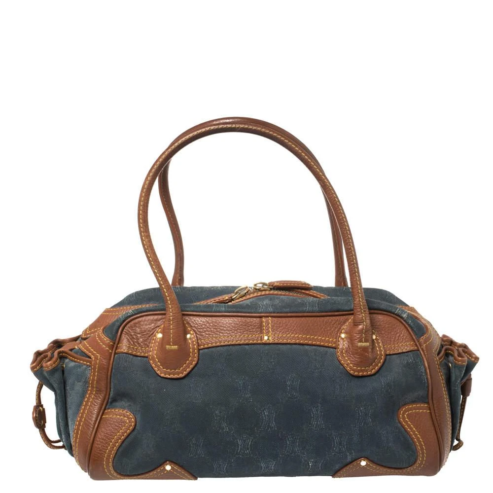 商品[二手商品] Celine|Celine Blue/Brown Macadam Denim and Leather Drawstring Pocket Satchel,价格¥3111,第4张图片详细描述