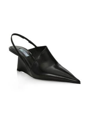 商品Prada|Leather Slingback Wedge Pumps,价格¥4308,第2张图片详细描述