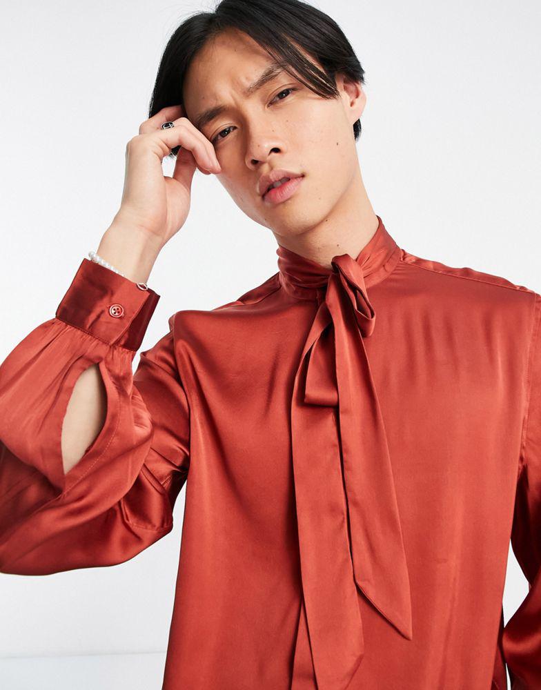 ASOS DESIGN satin shirt with tie neck and blouson volume sleeve in brick red商品第2张图片规格展示