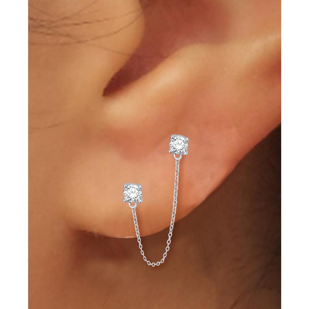 Diamond Double Piercing Single Chained Earring (1/6 ct. t.w.) in 14k White Gold商品第2张图片规格展示