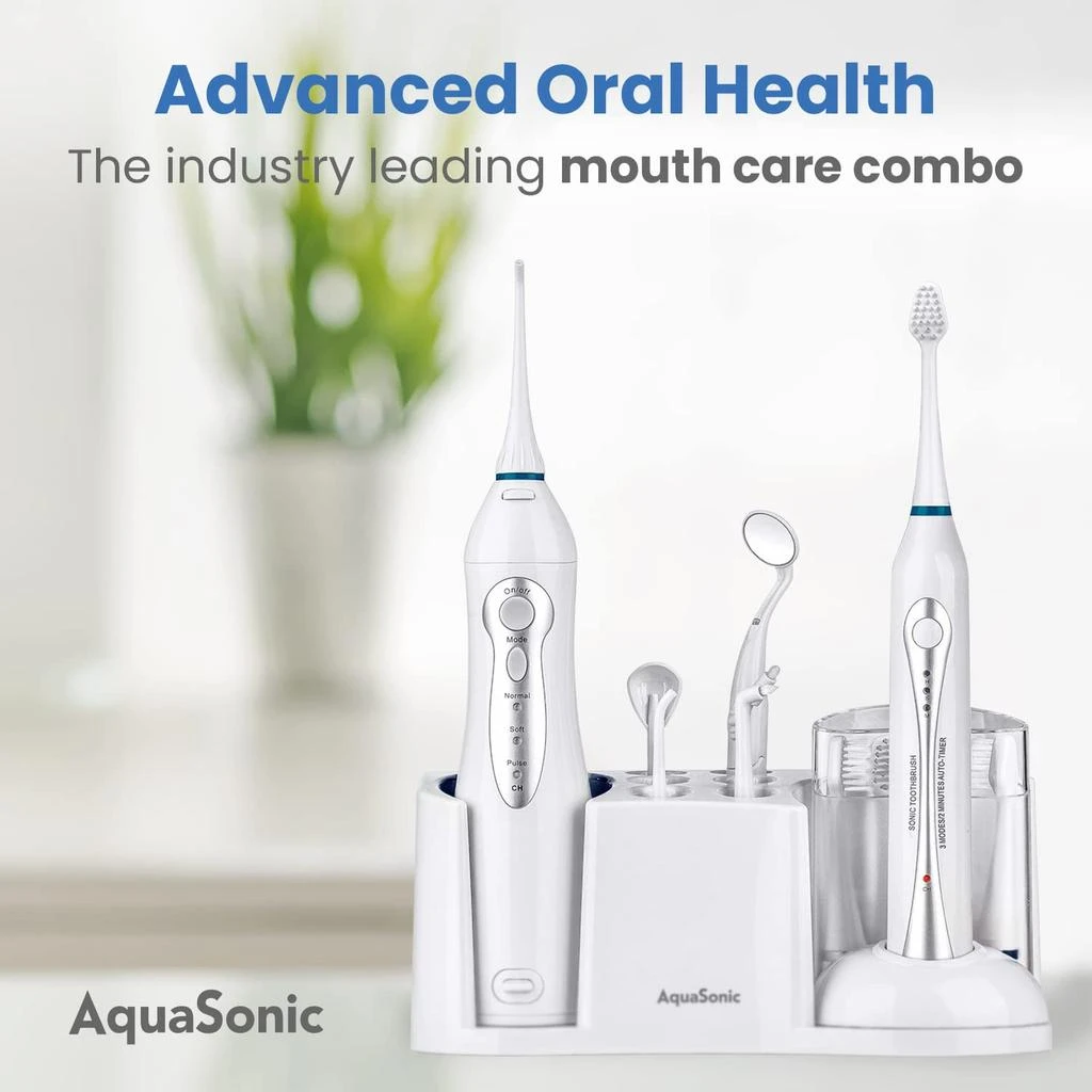 AquaSonic Home Dental Center Rechargeable Power Toothbrush & Smart Water Flosser - Complete Family Oral Care System - 10 Attachments and Tips Included - Various Modes & Timers (White) 商品