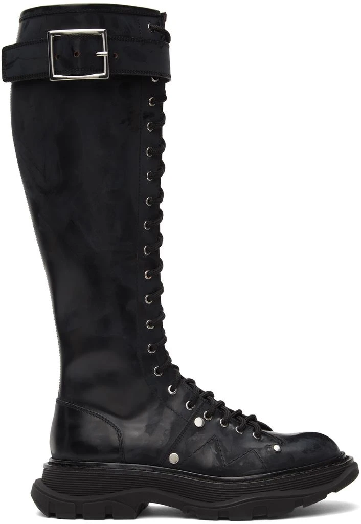 商品Alexander McQueen|Black Tread Lace-Up Tall Boots,价格¥6022,第1张图片