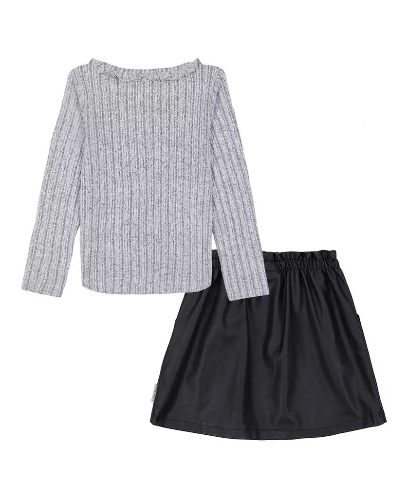 商品Calvin Klein|Toddler and Little Girls Ruffle Collar Ribbed Top Paper-bag Waist Artificial Leather, 2-Piece Skirt,价格¥276,第2张图片详细描述