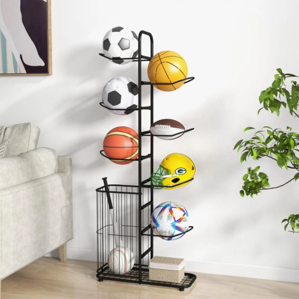 商品Hivvago|Metal Basketball Holder with 7 Removable Hanging Rods and Side Ball Basket,价格¥687,第1张图片