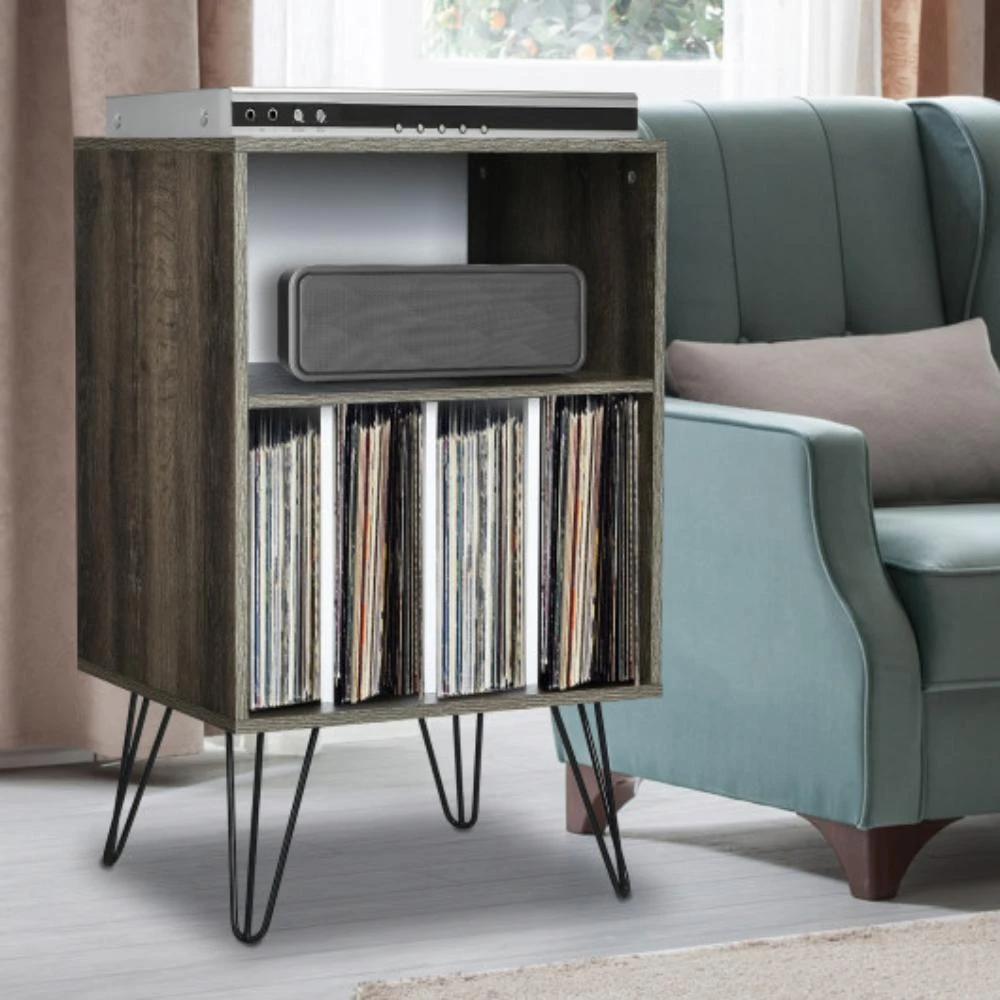 商品Hivvago|Freestanding Record Player Stand Record Storage Cabinet with Metal Legs-Gray,价格¥824,第1张图片