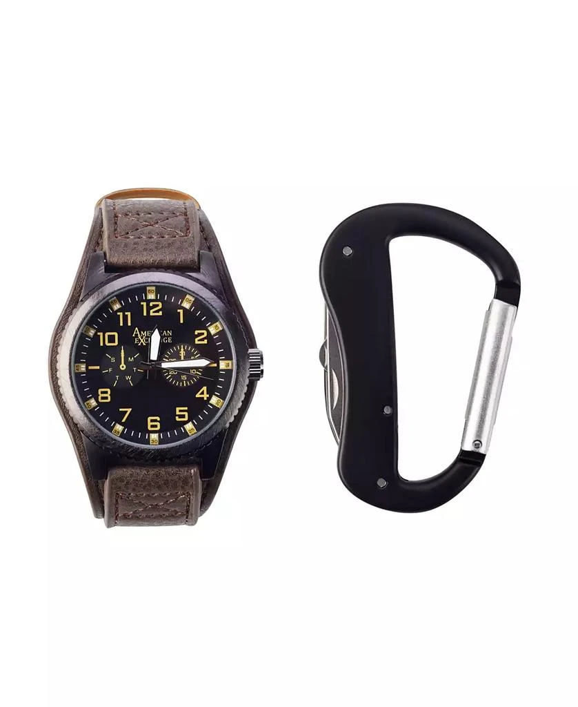 商品American Exchange|Men's Quartz Movement Black Leather Strap Analog Watch, 44mm and Carabiner Tool with Zippered Travel Pouch,价格¥150,第1张图片