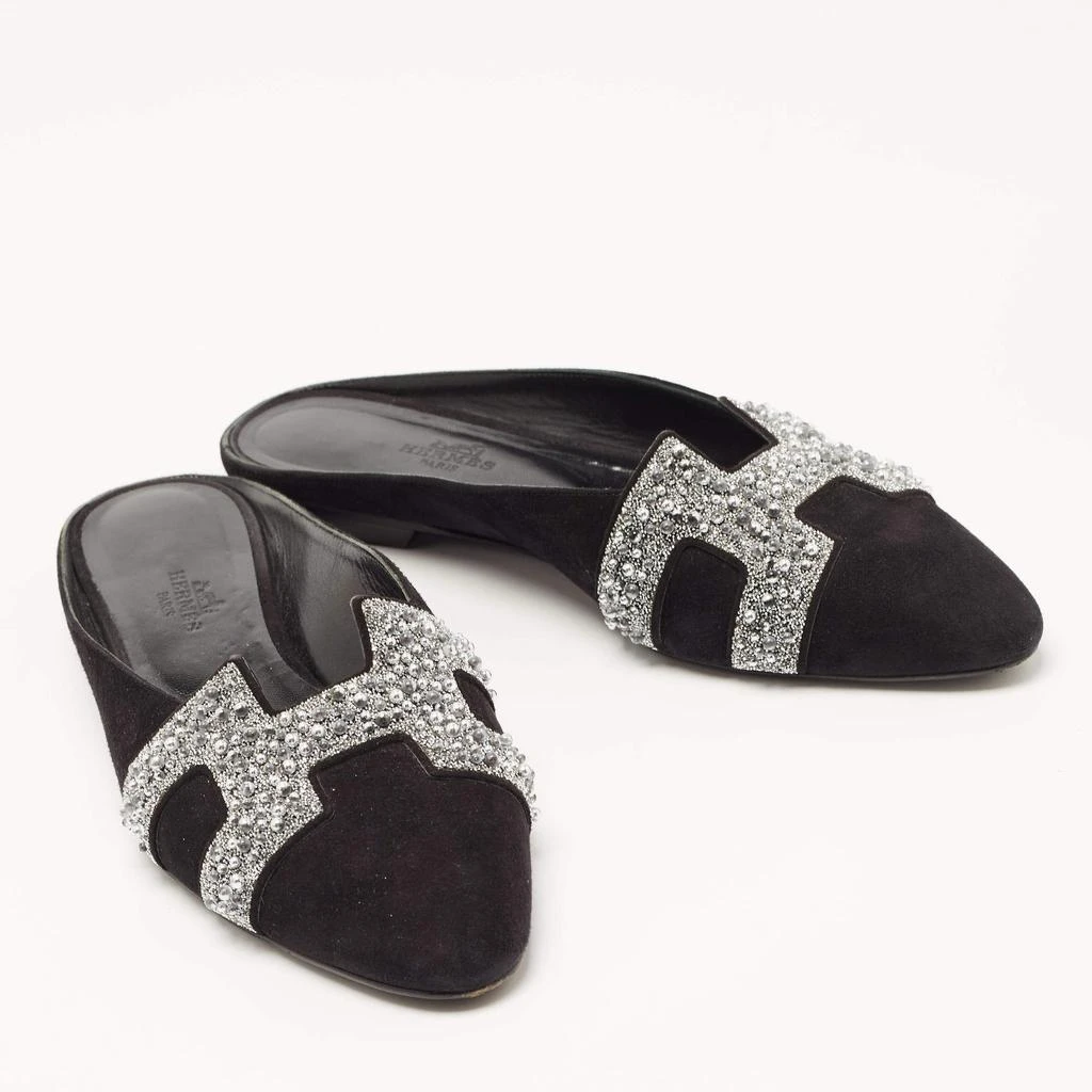 商品[二手商品] Hermes|Hermes Black/Silver Suede and Beads Roxane Flat Mules Size 37,价格¥4141,第4张图片详细描述