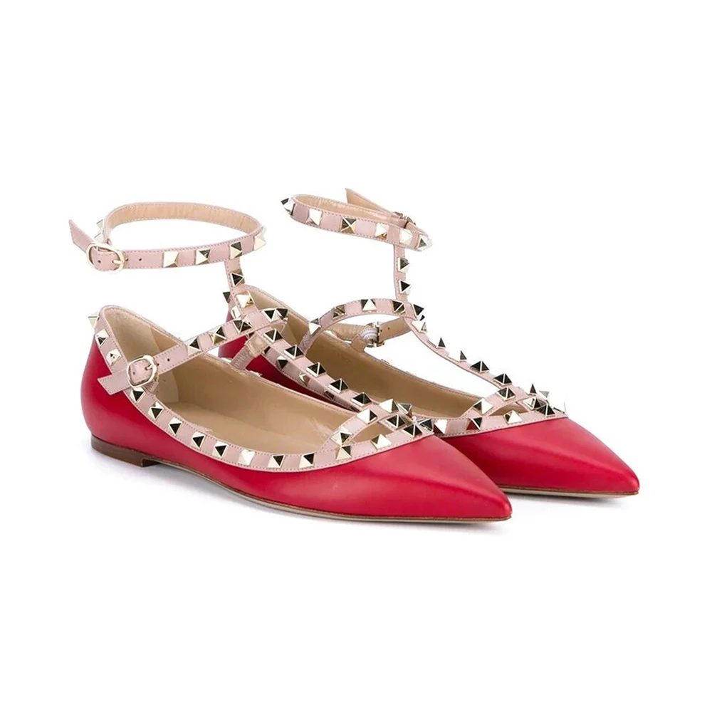 VALENTINO 女士红色皮革铆钉踝部绑带装尖头平底鞋 RW2S0376-VOD-R19 商品
