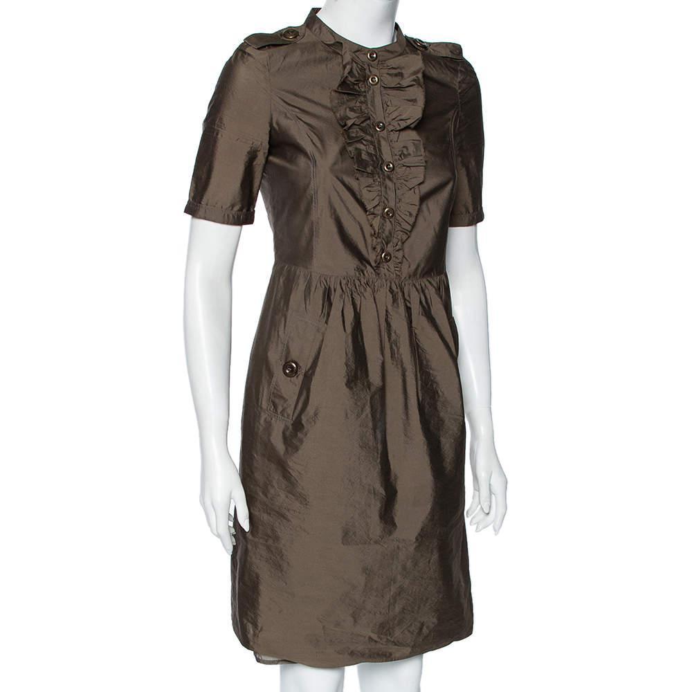 商品[二手商品] Burberry|Burberry Olive Green Ruffle Trim Belted Short Sleeve Dress XS,价格¥898,第4张图片详细描述