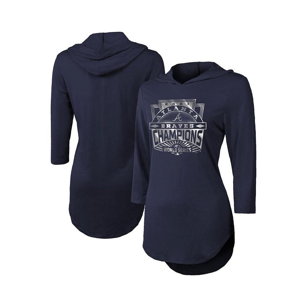 商品Majestic|Women's Threads Navy Atlanta Braves 2021 World Series Champions Hilo 3/4-Sleeve Hoodie T-shirt,价格¥493,第1张图片