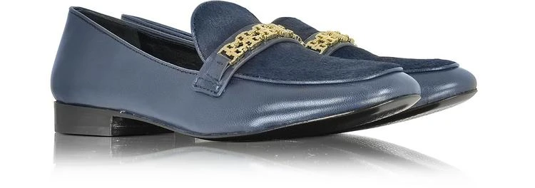 商品Tory Burch|Gemini Link 皇家海军蓝皮革和小牛毛平底鞋,价格¥960,第2张图片详细描述