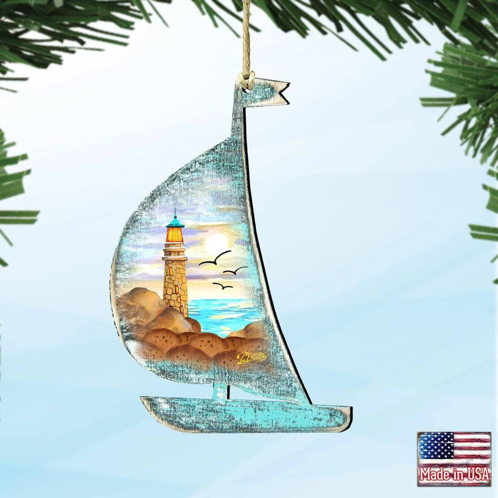 商品Designocracy|Designocracy Light House Boat Scenic Wood Ornaments Set of 2 G.DeBrekht Coastal,价格¥206,第1张图片