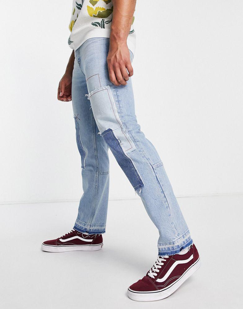 Topman straight patchwork jeans in mid wash  blue商品第4张图片规格展示