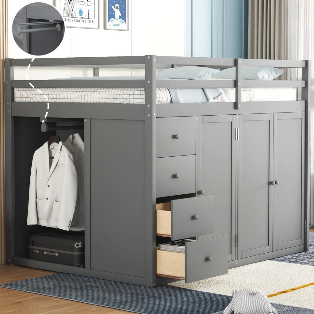 商品Simplie Fun|Simplie Fun Full Size Wood Loft Bed With Built-In Wardrobes, Cabinets,价格¥12735,第2张图片详细描述