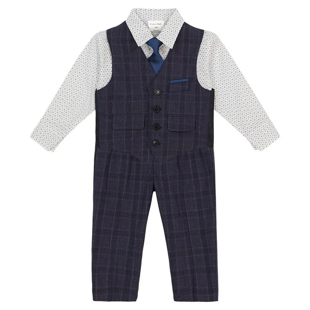 商品Calvin Klein|Little Boys Textured Plaid Vest, Dress Shirt, Pant and Clip-on Tie, 4 Piece Set,价格¥223,第2张图片详细描述