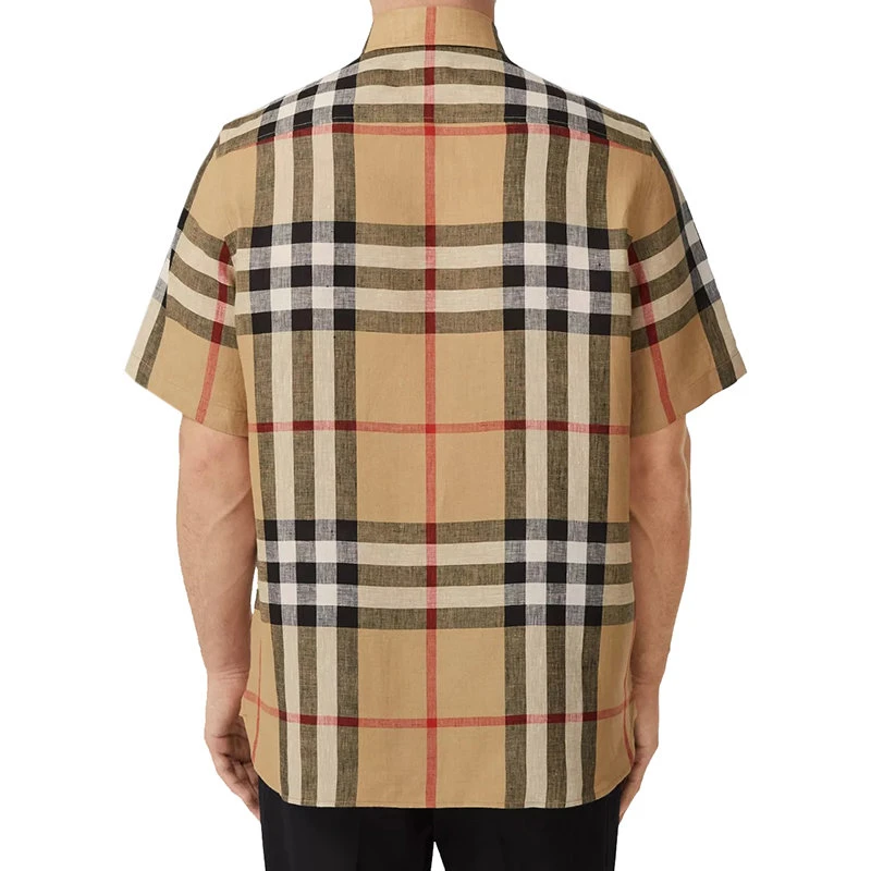 商品Burberry|【预售3-7天】BURBERRY/博柏利 22年秋冬新款 男士米色亚麻格纹利落领尖扣衣领短袖衬衫80510731,价格¥4021,第6张图片详细描述