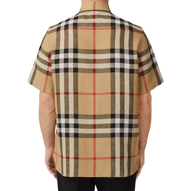 商品Burberry|【预售3-7天】BURBERRY/博柏利 22年秋冬新款 男士米色亚麻格纹利落领尖扣衣领短袖衬衫80510731,价格¥4024,第8张图片详细描述