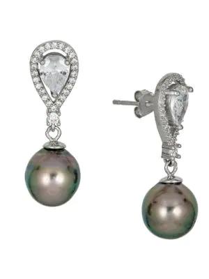 Sterling Silver, 10MM Oval Tahitian Pearl & Cubic Zirconia Earrings商品第1张图片规格展示