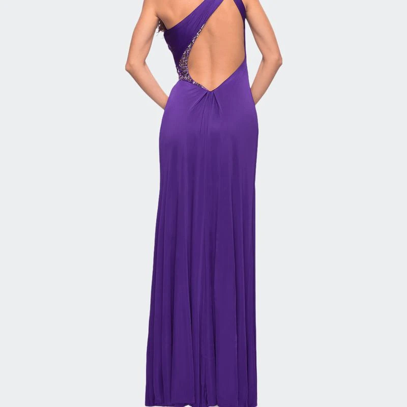 商品La Femme|One Shoulder Jersey Gown with Slit and Open Back,价格¥1495,第2张图片详细描述