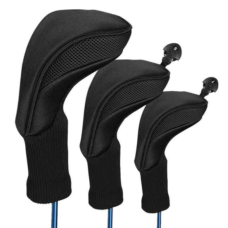 商品Fresh Fab Finds|3Pcs Long Neck Mesh Golf Club Head Covers Set Long Knit Protection Cover With Interchangeable No. Tags Fit For Fairway Driver Woods Black,价格¥277,第1张图片