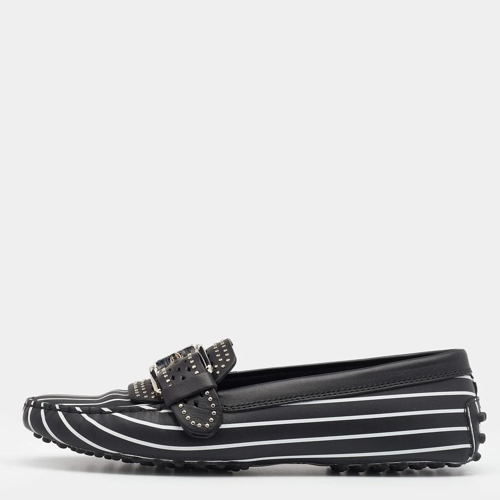 商品[二手商品] Tod's|Tod's Black/White Striped Leather Embellished Slip On Loafers Size 38,价格¥859,第1张图片