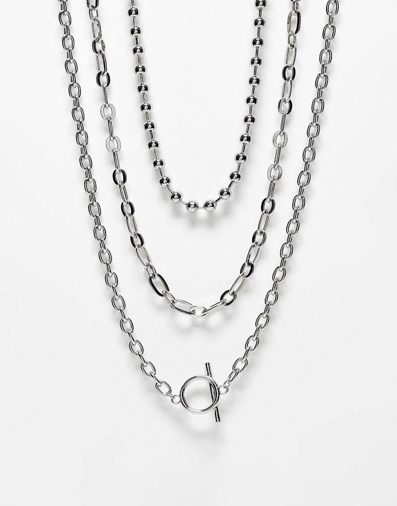 Reclaimed Vintage unisex multirow necklace with T bar and ball chain in silver商品第1张图片规格展示