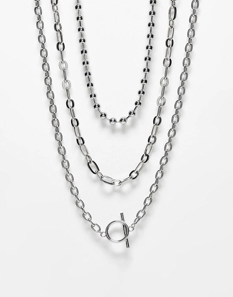 商品Reclaimed Vintage|Reclaimed Vintage unisex multirow necklace with T bar and ball chain in silver,价格¥145,第1张图片