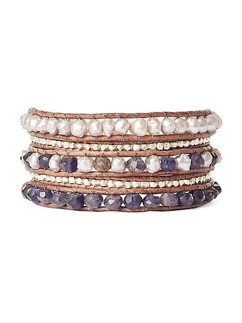 商品Chan Luu|Leather, Sterling Silver, Iolite & Blister Pearl Wrap Bracelet,价格¥2221,第1张图片
