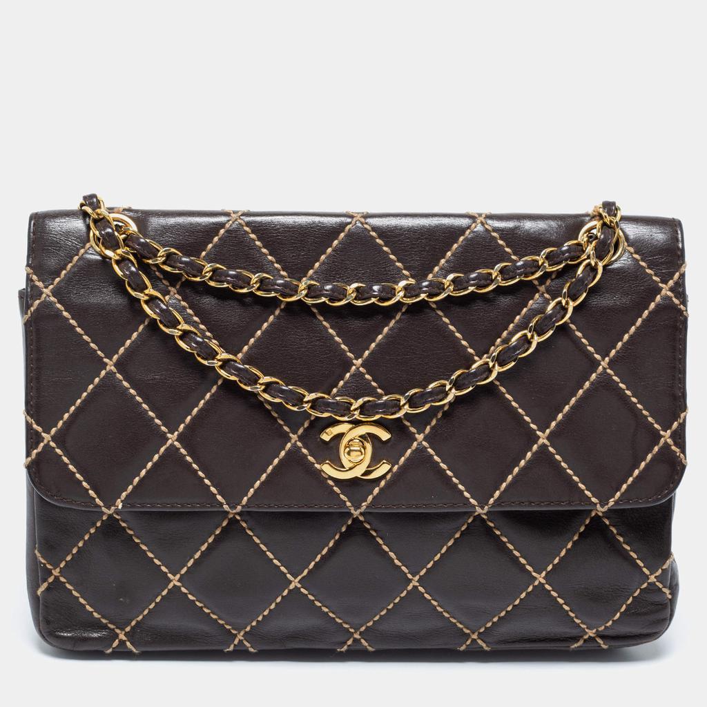 商品[二手商品] Chanel|Chanel Dark Brown Quilted Leather Wild Stitch Surpique Flap Bag,价格¥12860,第1张图片