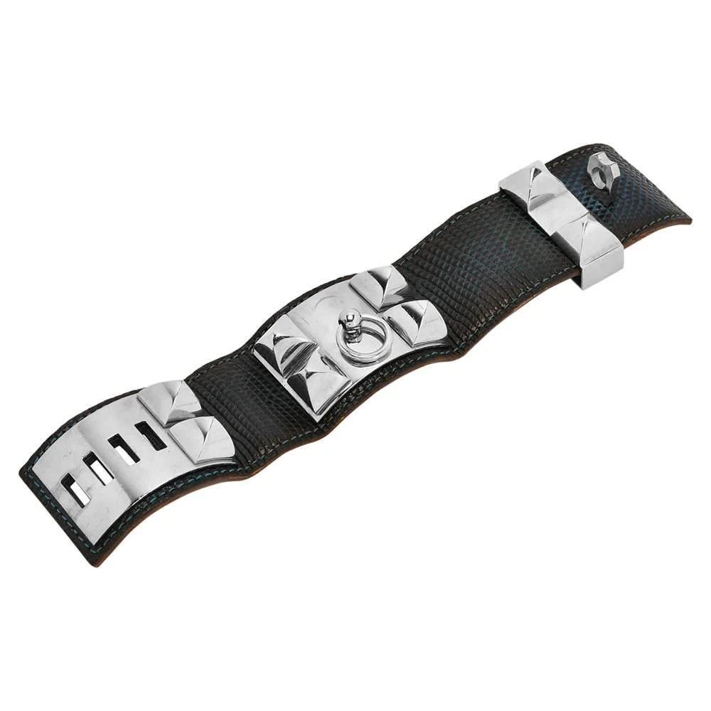 商品[二手商品] Hermes|Hermes Blue Leather Lizard Collier de Chien Wide Bracelet,价格¥5595,第3张图片详细描述