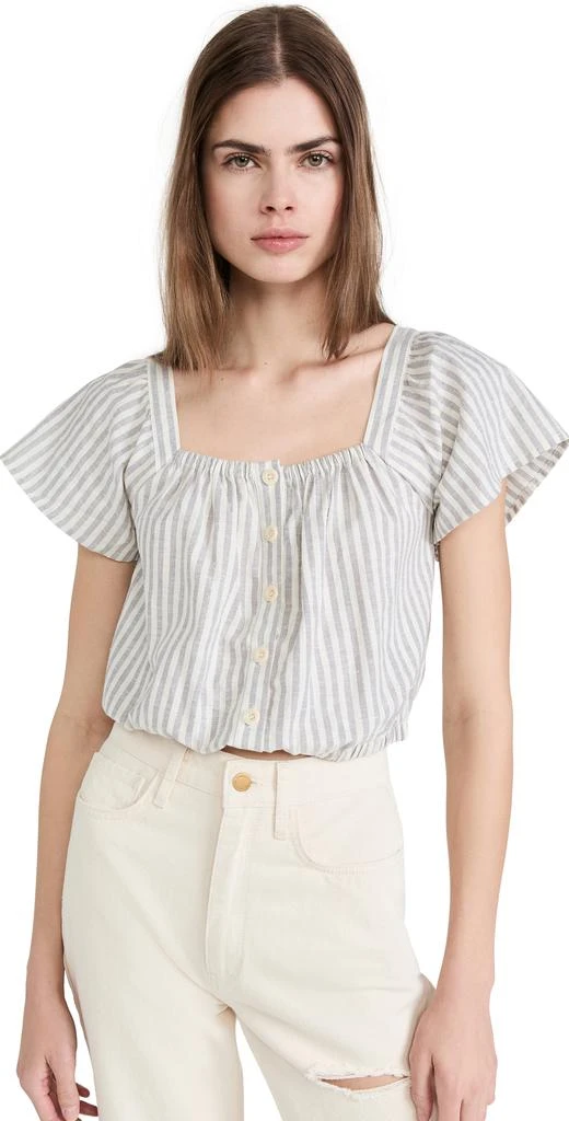 商品Madewell|Madewell 条纹设计荷叶袖前系扣短版上衣,价格¥165,第1张图片