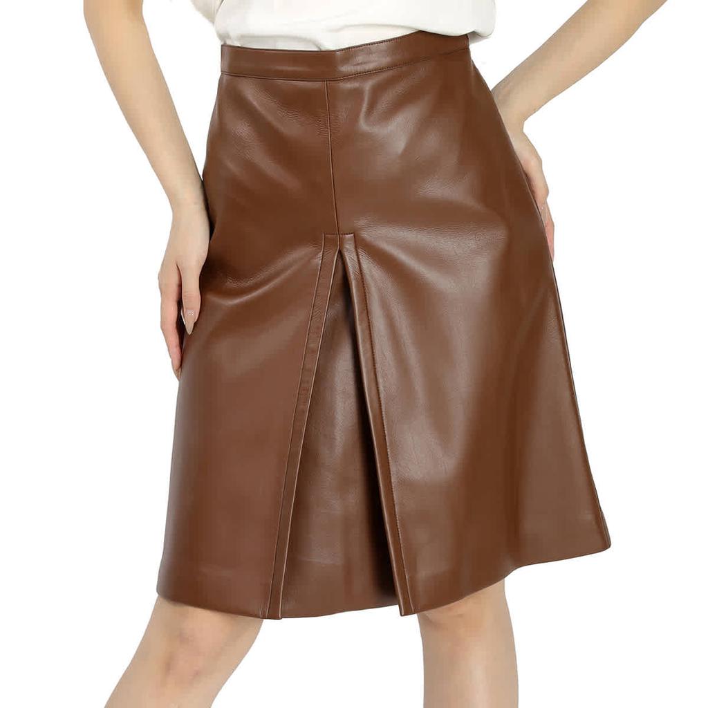 Ladies Dark Cheshnut Box Pleated Detail Faux Leather Skirt商品第1张图片规格展示