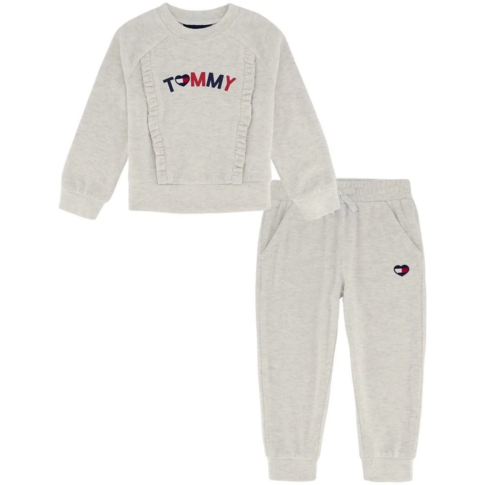 商品Tommy Hilfiger|Little Girls Hacci Ruffle-Trim Logo Crewneck Pullover and Joggers Set, 2 Piece,价格¥470,第1张图片