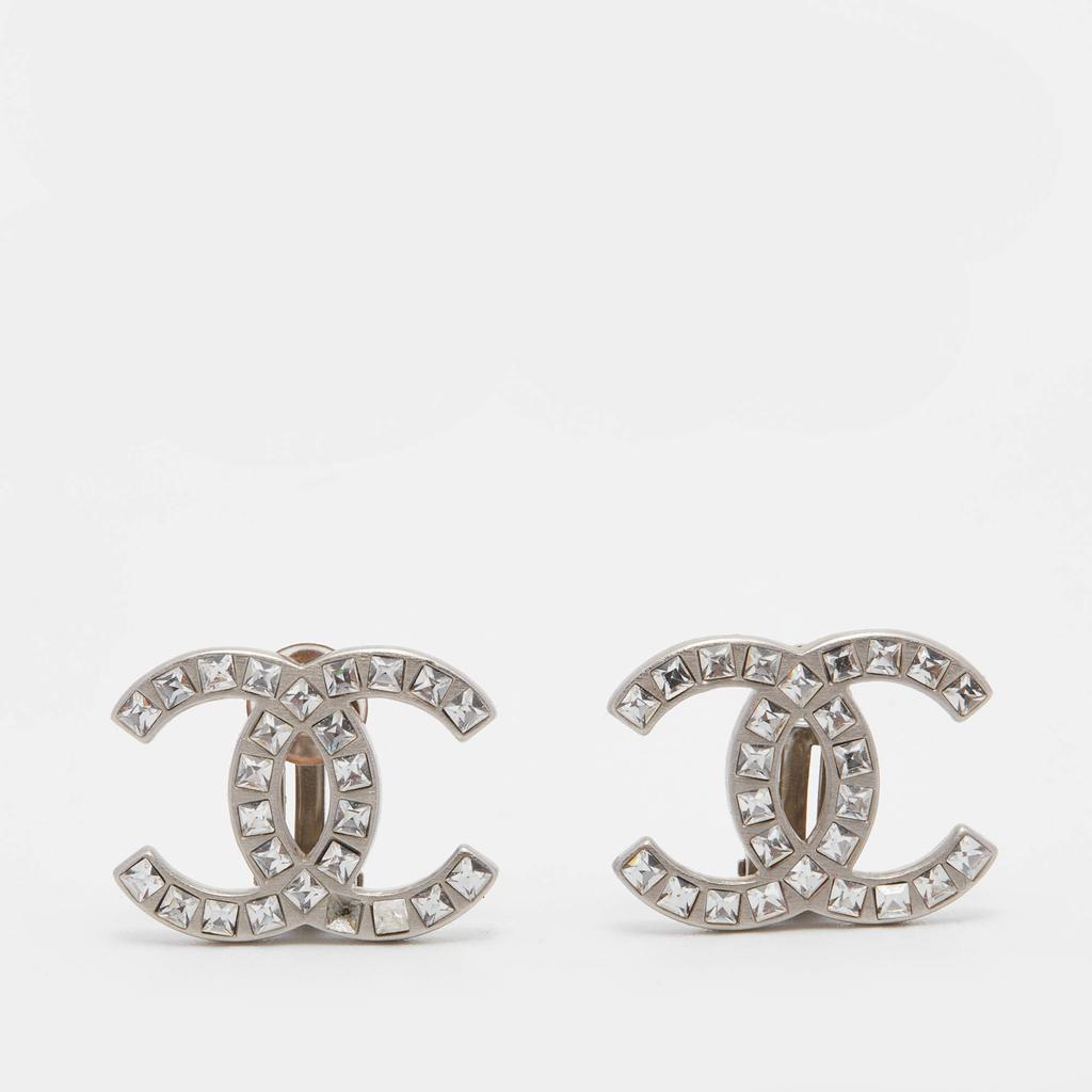 Chanel Silver Tone Baguette Crystal CC Clip On Earrings商品第1张图片规格展示