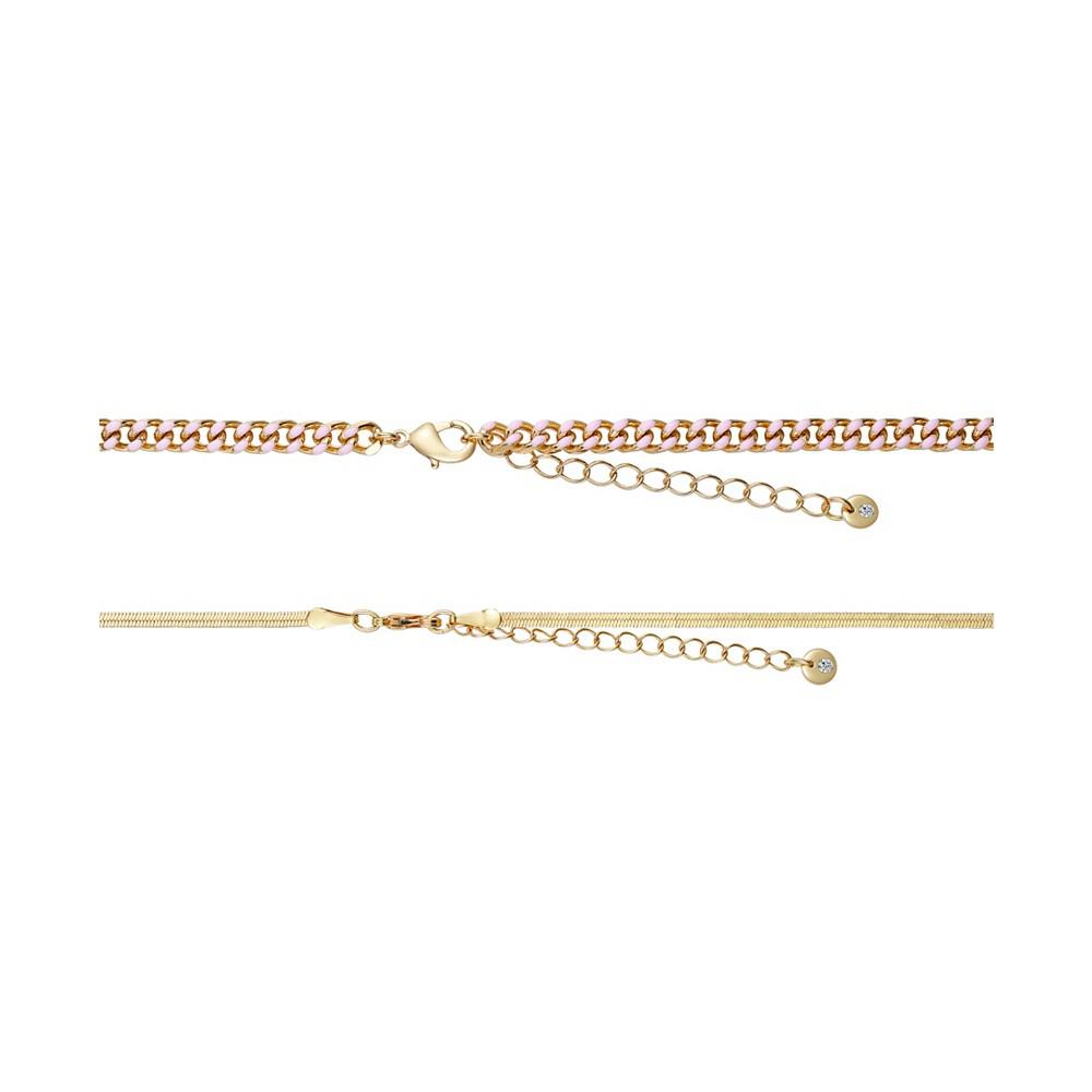 14K Gold Flash-Plated Light Pink Enamel Curb Chain and Herringbone  Chain Necklace Set商品第2张图片规格展示