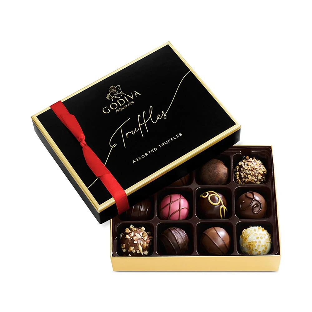 商品Godiva|Holiday Signature Chocolate Truffles Gift Box with Red Ribbon, 12 Pieces,价格¥142,第1张图片