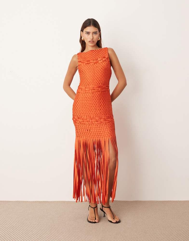 arrange cutwork floral midi dress with fringe hem in green ARRANGE lattice handwoven orange - Dresses & Skirts - Free Shipping colourway-taleah