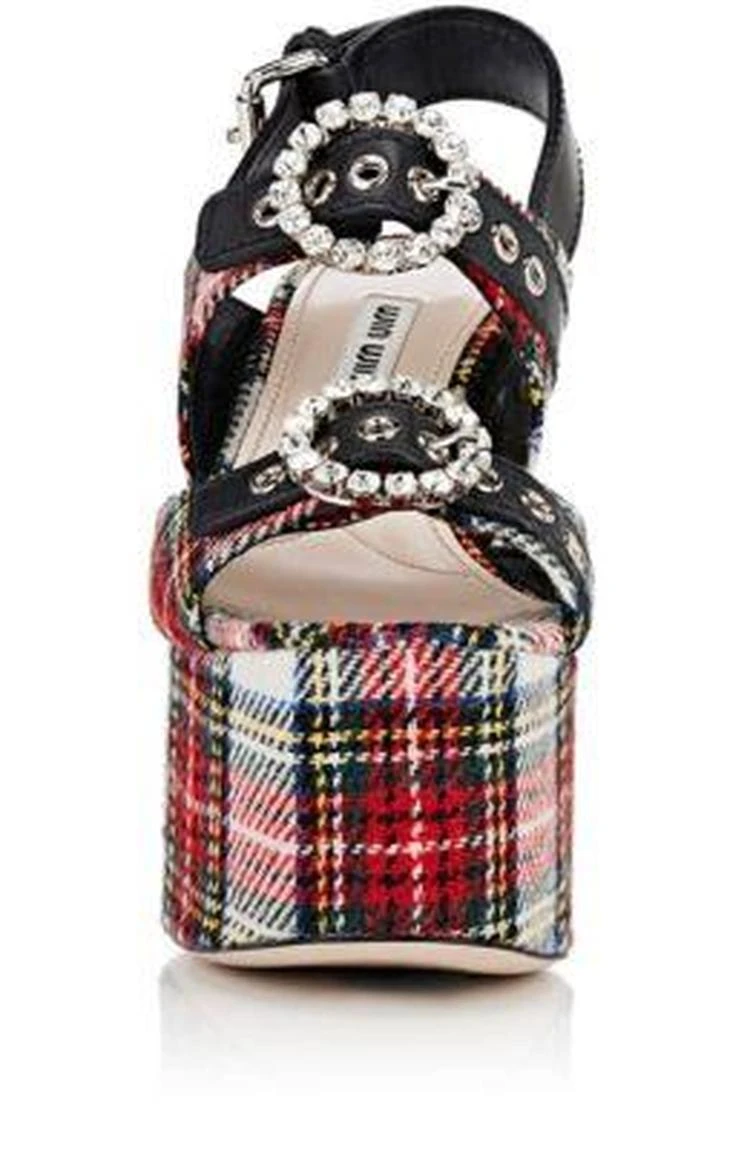 商品Miu Miu|Plaid Flannel & Leather Platform Sandals,价格¥3711,第4张图片详细描述