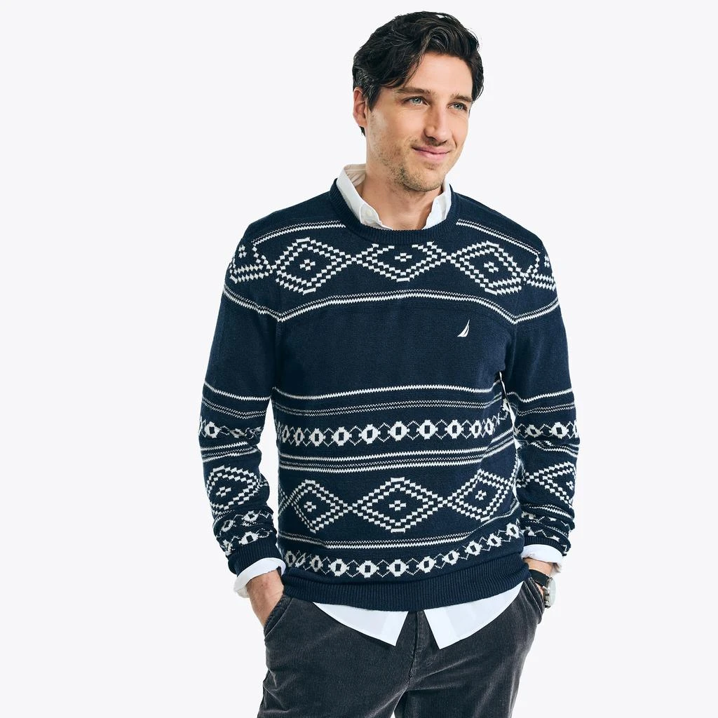商品Nautica|Nautica Mens Sustainably Crafted Fair Isle Jacquard Crewneck Sweater,价格¥555,第1张图片