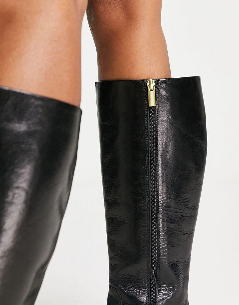 商品ASOS|ASOS DESIGN Cracking leather mid-heel knee boots in black,价格¥466,第3张图片详细描述
