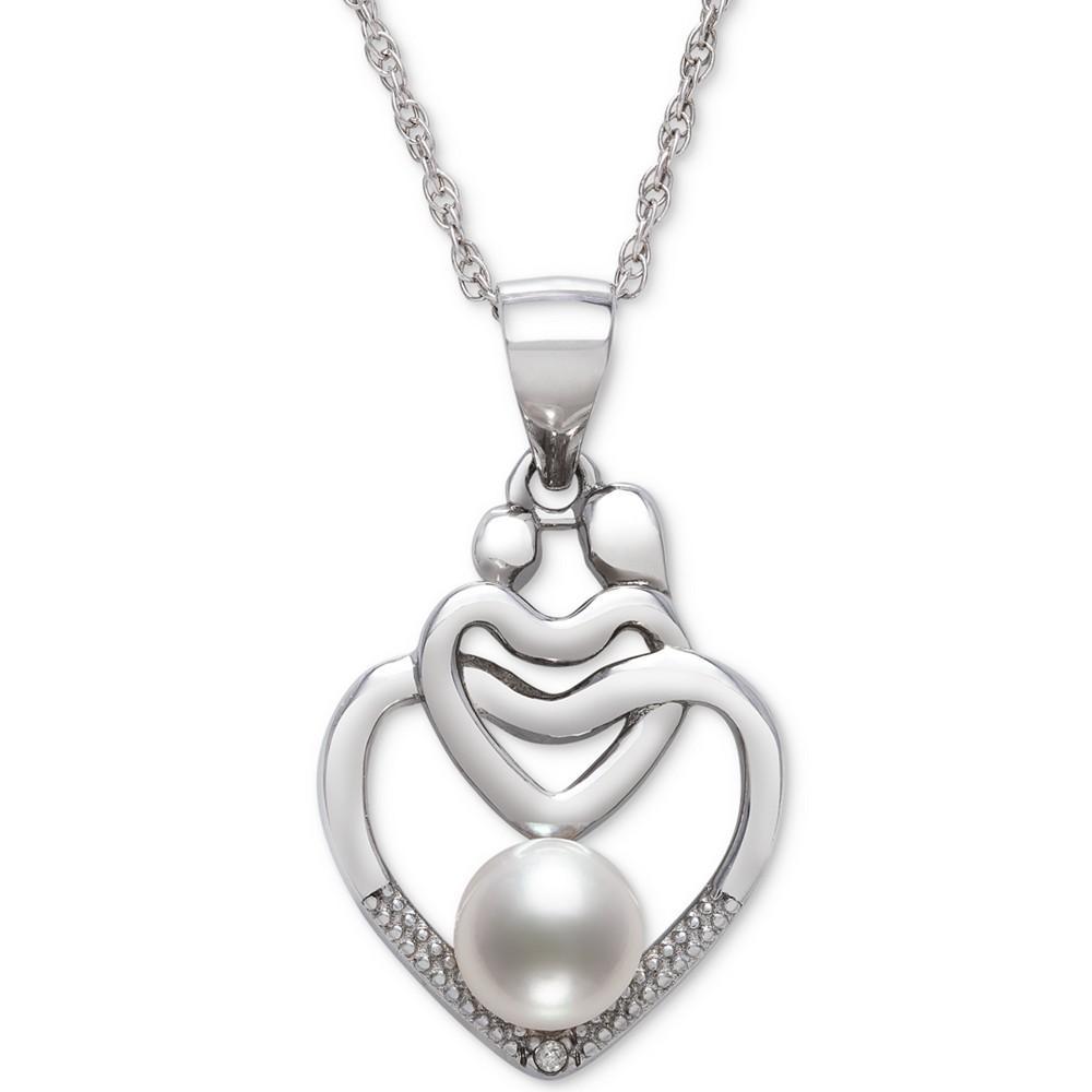 商品Belle de Mer|Cultured Freshwater Pearl (5mm) & Diamond Accent Mother & Child Heart 18" Pendant Necklace in Sterling Silver,价格¥367,第1张图片