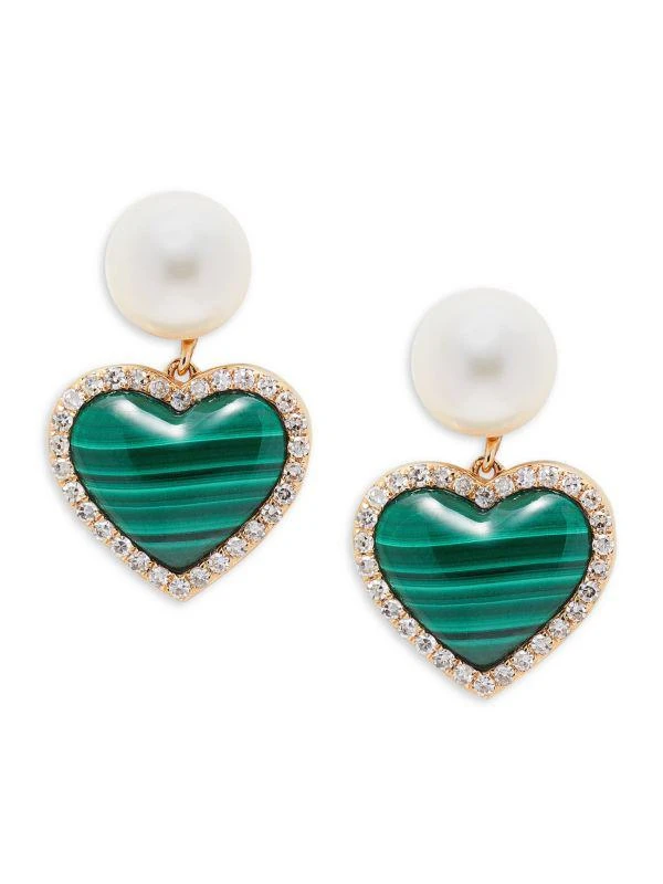 商品Effy|14K Yellow Gold, 7MM Round Freshwater Pearl, Malachite & Diamond Heart Drop Earrings,价格¥6040,第1张图片