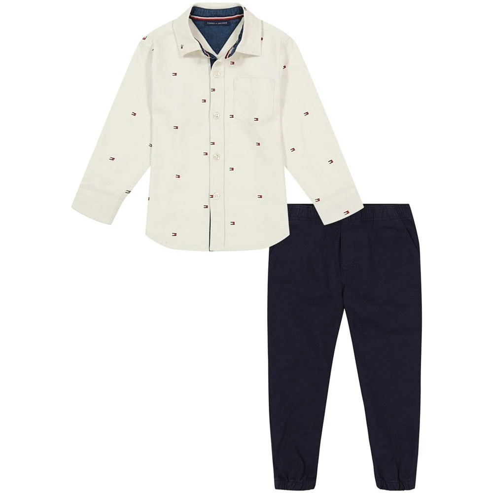 商品Tommy Hilfiger|Baby Boys Flag-Print Twill Long Sleeve Button-Front Shirt and Twill Joggers, 2 Piece Set,价格¥404,第1张图片
