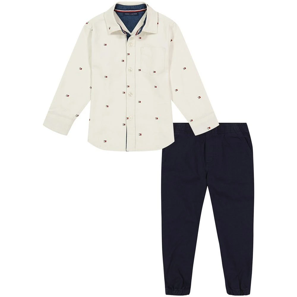 商品[国内直发] Tommy Hilfiger|【做工瑕疵】Toddler Boys Flag-Print Twill Long Sleeve Button-Front Shirt and Twill Joggers, 2 Piece Set,价格¥182,第1张图片