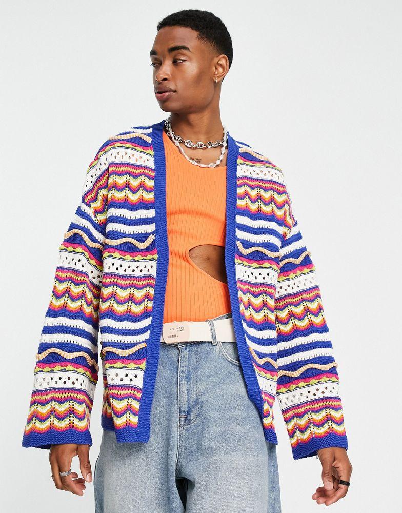 ASOS DESIGN knitted crochet cardigan in multicolour stripes商品第1张图片规格展示