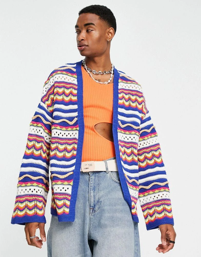 商品ASOS|ASOS DESIGN knitted crochet cardigan in multicolour stripes,价格¥249,第1张图片